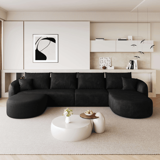 Sofá modular de canto em U, 336 cm - 4 lugares, com sistema de compressão, sem montagem, estilo moderno - Preto Sofá modular de canto em U, 336 cm - 4 lugares, com sistema de compressão, sem montagem, estilo moderno - Preto