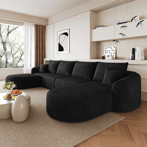 Sofá modular de canto em U, 336 cm - 4 lugares, com sistema de compressão, sem montagem, estilo moderno - Preto Sofá modular de canto em U, 336 cm - 4 lugares, com sistema de compressão, sem montagem, estilo moderno - Preto