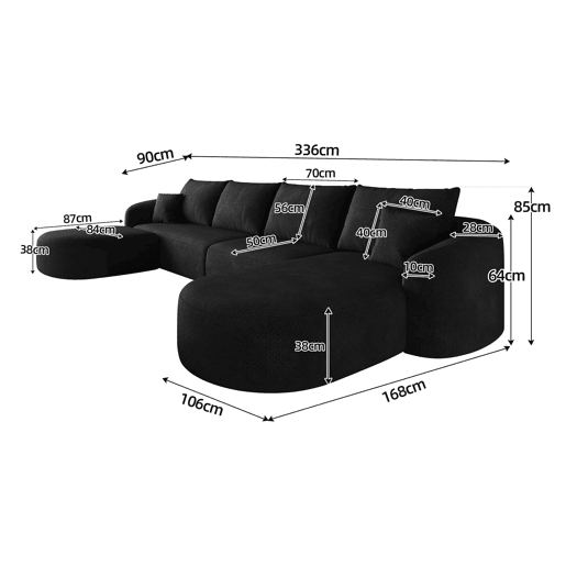 Sofá modular de canto em U, 336 cm - 4 lugares, com sistema de compressão, sem montagem, estilo moderno - Preto Sofá modular de canto em U, 336 cm - 4 lugares, com sistema de compressão, sem montagem, estilo moderno - Preto