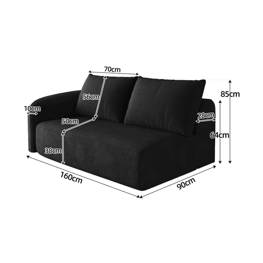 Sofá modular 160 x 90 x 85 cm - 2 lugares, estofo em chenille, modelo de canto - Preto
