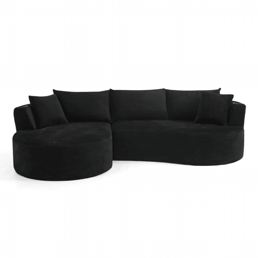 Sofá de 3 lugares com estrutura expansível - chaise longue à esquerda + 2 lugares, design curvo, tecido de veludo cotelê macio, porta-copos e almofadas, embalado a vácuo, para sala de estar, hotel, apartamento e escritório - Preto Sofá de 3 lugares com estrutura expansível - chaise longue à esquerda + 2 lugares, design curvo, tecido de veludo cotelê macio, porta-copos e almofadas, embalado a vácuo, para sala de estar, hotel, apartamento e escritório - Preto