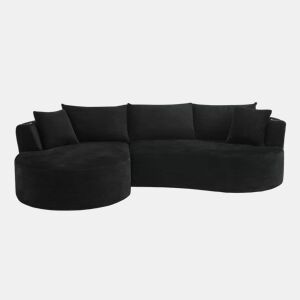 Sofá de 3 lugares com estrutura expansível - chaise longue à esquerda + 2 lugares, design curvo, tecido de veludo cotelê macio, porta-copos e almofadas, embalado a vácuo, para sala de estar, hotel, apartamento e escritório - Preto
