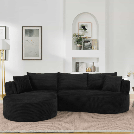 Sofá de 3 lugares com estrutura expansível - chaise longue à esquerda + 2 lugares, design curvo, tecido de veludo cotelê macio, porta-copos e almofadas, embalado a vácuo, para sala de estar, hotel, apartamento e escritório - Preto Sofá de 3 lugares com estrutura expansível - chaise longue à esquerda + 2 lugares, design curvo, tecido de veludo cotelê macio, porta-copos e almofadas, embalado a vácuo, para sala de estar, hotel, apartamento e escritório - Preto