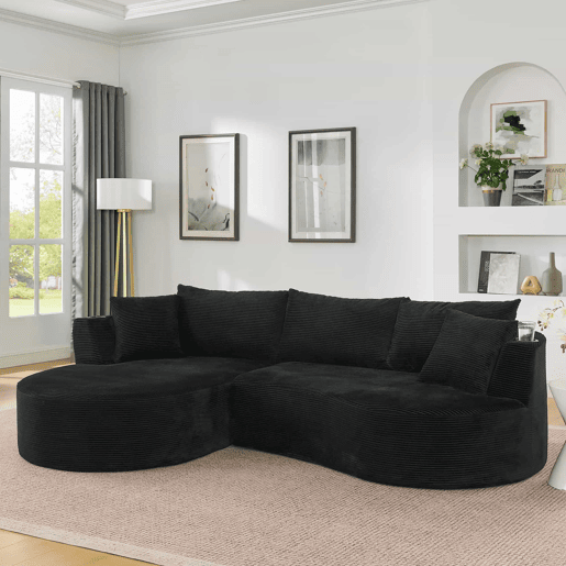 Sofá de 3 lugares com estrutura expansível - chaise longue à esquerda + 2 lugares, design curvo, tecido de veludo cotelê macio, porta-copos e almofadas, embalado a vácuo, para sala de estar, hotel, apartamento e escritório - Preto Sofá de 3 lugares com estrutura expansível - chaise longue à esquerda + 2 lugares, design curvo, tecido de veludo cotelê macio, porta-copos e almofadas, embalado a vácuo, para sala de estar, hotel, apartamento e escritório - Preto