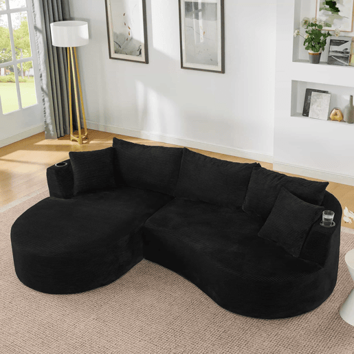 Sofá de 3 lugares com estrutura expansível - chaise longue à esquerda + 2 lugares, design curvo, tecido de veludo cotelê macio, porta-copos e almofadas, embalado a vácuo, para sala de estar, hotel, apartamento e escritório - Preto Sofá de 3 lugares com estrutura expansível - chaise longue à esquerda + 2 lugares, design curvo, tecido de veludo cotelê macio, porta-copos e almofadas, embalado a vácuo, para sala de estar, hotel, apartamento e escritório - Preto