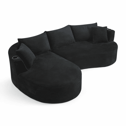 Sofá de 3 lugares com estrutura expansível - chaise longue à esquerda + 2 lugares, design curvo, tecido de veludo cotelê macio, porta-copos e almofadas, embalado a vácuo, para sala de estar, hotel, apartamento e escritório - Preto Sofá de 3 lugares com estrutura expansível - chaise longue à esquerda + 2 lugares, design curvo, tecido de veludo cotelê macio, porta-copos e almofadas, embalado a vácuo, para sala de estar, hotel, apartamento e escritório - Preto