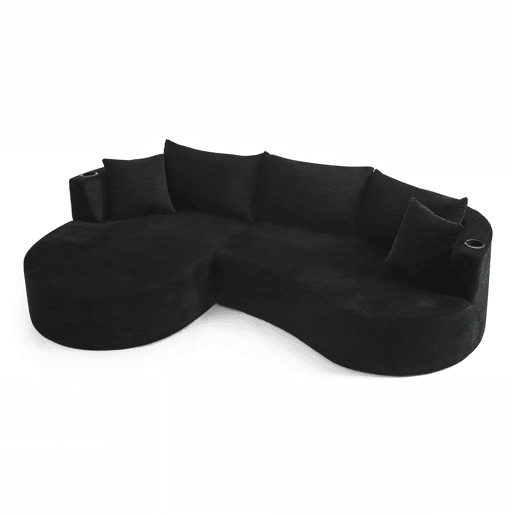 Sofá de 3 lugares com estrutura expansível - chaise longue à esquerda + 2 lugares, design curvo, tecido de veludo cotelê macio, porta-copos e almofadas, embalado a vácuo, para sala de estar, hotel, apartamento e escritório - Preto Sofá de 3 lugares com estrutura expansível - chaise longue à esquerda + 2 lugares, design curvo, tecido de veludo cotelê macio, porta-copos e almofadas, embalado a vácuo, para sala de estar, hotel, apartamento e escritório - Preto