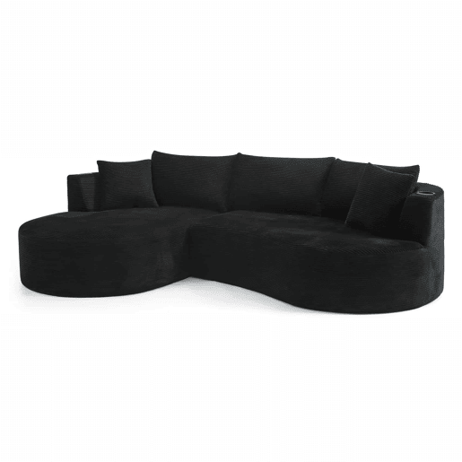 Sofá de 3 lugares com estrutura expansível - chaise longue à esquerda + 2 lugares, design curvo, tecido de veludo cotelê macio, porta-copos e almofadas, embalado a vácuo, para sala de estar, hotel, apartamento e escritório - Preto Sofá de 3 lugares com estrutura expansível - chaise longue à esquerda + 2 lugares, design curvo, tecido de veludo cotelê macio, porta-copos e almofadas, embalado a vácuo, para sala de estar, hotel, apartamento e escritório - Preto