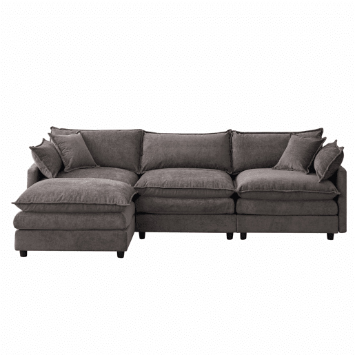 Sofá de canto modular de 3 lugares - em chenille com chaise longue e pufe, ideal para apartamentos pequenos e salas de estar, confortável para toda a família e respirável - cinzento Sofá de canto modular de 3 lugares - em chenille com chaise longue e pufe, ideal para apartamentos pequenos e salas de estar, confortável para toda a família e respirável - cinzento