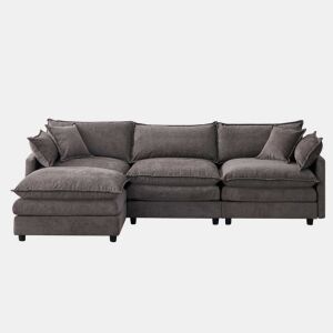 Sofá de canto modular de 3 lugares - em chenille com chaise longue e pufe, ideal para apartamentos pequenos e salas de estar, confortável para toda a família e respirável - cinzento