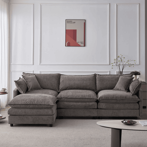 Sofá de canto modular de 3 lugares - em chenille com chaise longue e pufe, ideal para apartamentos pequenos e salas de estar, confortável para toda a família e respirável - cinzento Sofá de canto modular de 3 lugares - em chenille com chaise longue e pufe, ideal para apartamentos pequenos e salas de estar, confortável para toda a família e respirável - cinzento