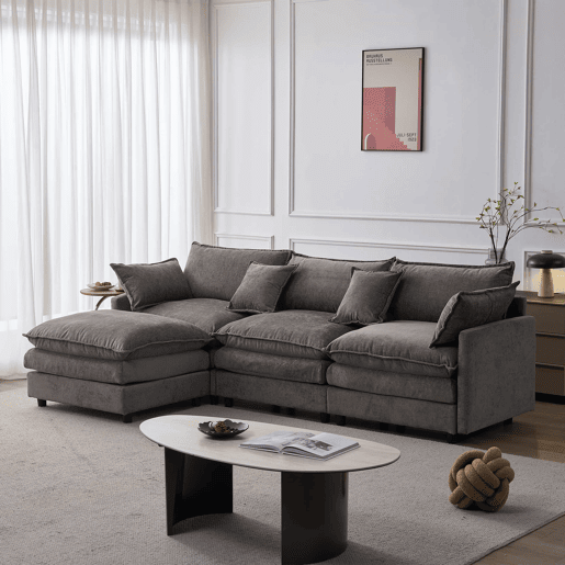 Sofá de canto modular de 3 lugares - em chenille com chaise longue e pufe, ideal para apartamentos pequenos e salas de estar, confortável para toda a família e respirável - cinzento Sofá de canto modular de 3 lugares - em chenille com chaise longue e pufe, ideal para apartamentos pequenos e salas de estar, confortável para toda a família e respirável - cinzento