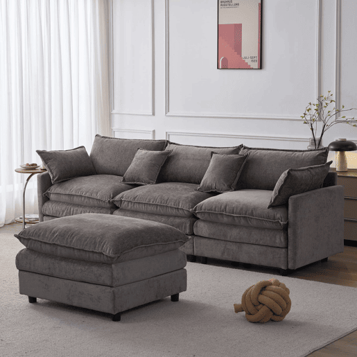 Sofá de canto modular de 3 lugares - em chenille com chaise longue e pufe, ideal para apartamentos pequenos e salas de estar, confortável para toda a família e respirável - cinzento Sofá de canto modular de 3 lugares - em chenille com chaise longue e pufe, ideal para apartamentos pequenos e salas de estar, confortável para toda a família e respirável - cinzento