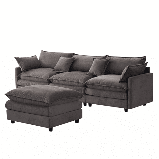 Sofá de canto modular de 3 lugares - em chenille com chaise longue e pufe, ideal para apartamentos pequenos e salas de estar, confortável para toda a família e respirável - cinzento Sofá de canto modular de 3 lugares - em chenille com chaise longue e pufe, ideal para apartamentos pequenos e salas de estar, confortável para toda a família e respirável - cinzento