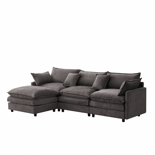Sofá de canto modular de 3 lugares - em chenille com chaise longue e pufe, ideal para apartamentos pequenos e salas de estar, confortável para toda a família e respirável - cinzento Sofá de canto modular de 3 lugares - em chenille com chaise longue e pufe, ideal para apartamentos pequenos e salas de estar, confortável para toda a família e respirável - cinzento