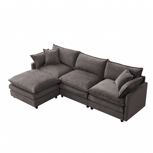 Sofá de canto modular de 3 lugares - em chenille com chaise longue e pufe, ideal para apartamentos pequenos e salas de estar, confortável para toda a família e respirável - cinzento Sofá de canto modular de 3 lugares - em chenille com chaise longue e pufe, ideal para apartamentos pequenos e salas de estar, confortável para toda a família e respirável - cinzento
