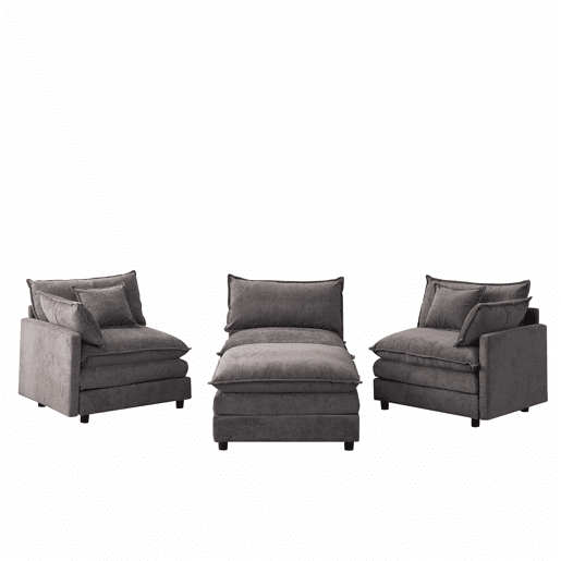 Sofá de canto modular de 3 lugares - em chenille com chaise longue e pufe, ideal para apartamentos pequenos e salas de estar, confortável para toda a família e respirável - cinzento Sofá de canto modular de 3 lugares - em chenille com chaise longue e pufe, ideal para apartamentos pequenos e salas de estar, confortável para toda a família e respirável - cinzento
