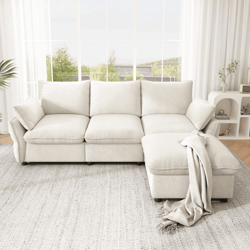 Sofá de canto 222,5 x 154,5 cm - 3 lugares com otomana e banquinho, estofado em chenille, moderno para sala de estar e apartamento - Bege Sofá de canto 222,5 x 154,5 cm - 3 lugares com otomana e banquinho, estofado em chenille, moderno para sala de estar e apartamento - Bege