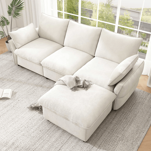 Sofá de canto 222,5 x 154,5 cm - 3 lugares com otomana e banquinho, estofado em chenille, moderno para sala de estar e apartamento - Bege Sofá de canto 222,5 x 154,5 cm - 3 lugares com otomana e banquinho, estofado em chenille, moderno para sala de estar e apartamento - Bege