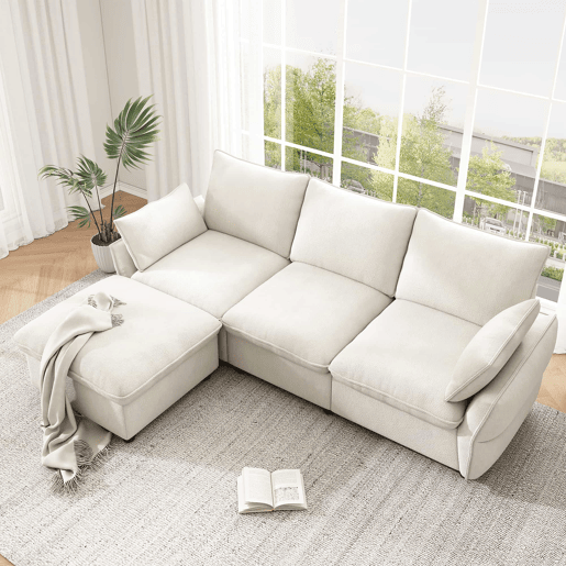Sofá de canto 222,5 x 154,5 cm - 3 lugares com otomana e banquinho, estofado em chenille, moderno para sala de estar e apartamento - Bege Sofá de canto 222,5 x 154,5 cm - 3 lugares com otomana e banquinho, estofado em chenille, moderno para sala de estar e apartamento - Bege