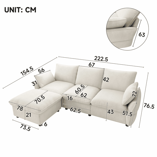Sofá de canto 222,5 x 154,5 cm - 3 lugares com otomana e banquinho, estofado em chenille, moderno para sala de estar e apartamento - Bege Sofá de canto 222,5 x 154,5 cm - 3 lugares com otomana e banquinho, estofado em chenille, moderno para sala de estar e apartamento - Bege