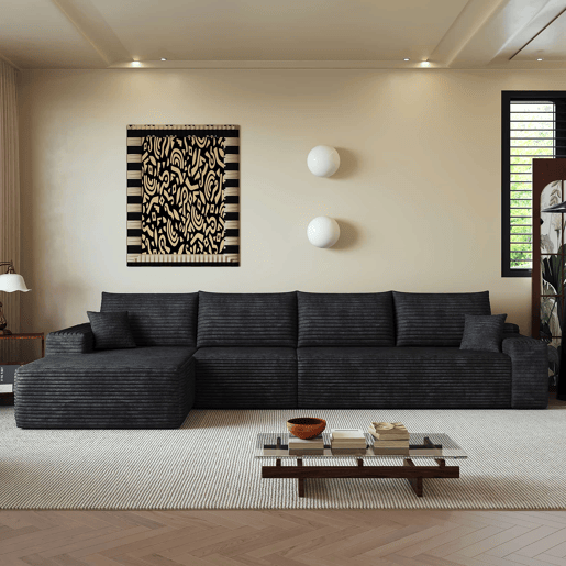 Sofá modular de canto de 340 cm - chaise longue em L, assento profundo, sem montagem, embalado compactamente - Preto