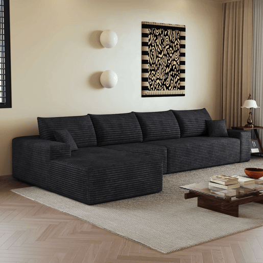Sofá modular de canto de 340 cm - chaise longue em L, assento profundo, sem montagem, embalado compactamente - Preto