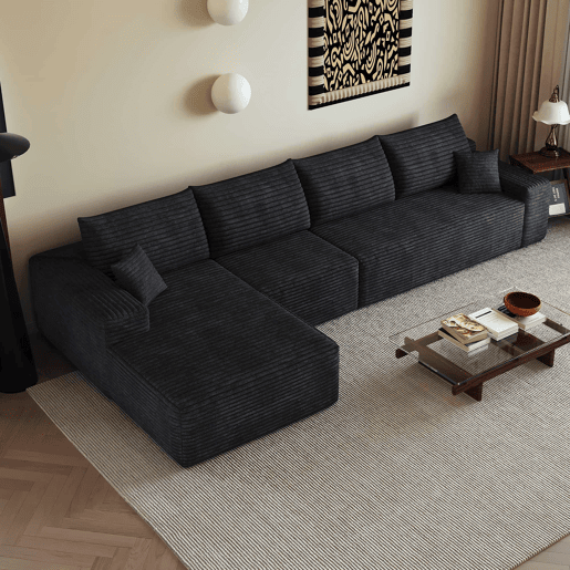 Sofá modular de canto de 340 cm - chaise longue em L, assento profundo, sem montagem, embalado compactamente - Preto