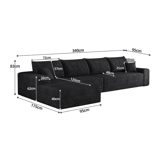 Sofá modular de canto de 340 cm - chaise longue em L, assento profundo, sem montagem, embalado compactamente - Preto
