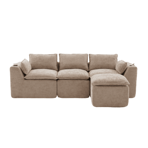 Sofá modular de 3 lugares + apoio para os pés - almofadas, porta-copos, bolsos laterais, espuma e molas - cáqui