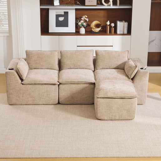 Sofá modular de 3 lugares + apoio para os pés - almofadas, porta-copos, bolsos laterais, espuma e molas - cáqui