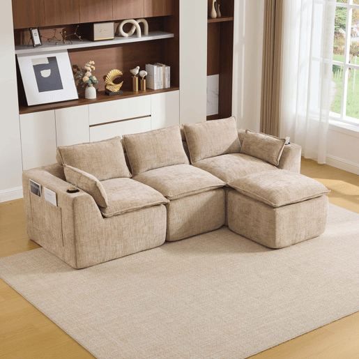 Sofá modular de 3 lugares + apoio para os pés - almofadas, porta-copos, bolsos laterais, espuma e molas - cáqui