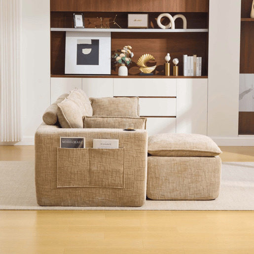 Sofá modular de 3 lugares + apoio para os pés - almofadas, porta-copos, bolsos laterais, espuma e molas - cáqui