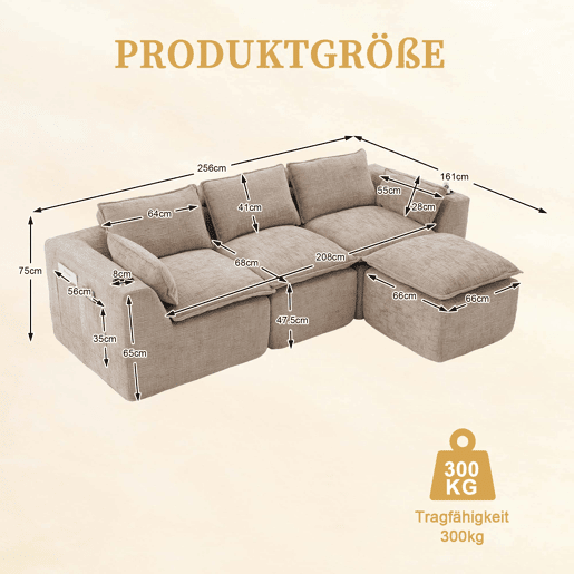 Sofá modular de 3 lugares + apoio para os pés - almofadas, porta-copos, bolsos laterais, espuma e molas - cáqui