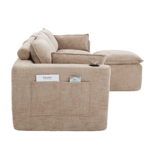 Sofá modular de 3 lugares + apoio para os pés - almofadas, porta-copos, bolsos laterais, espuma e molas - cáqui