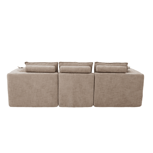 Sofá modular de 3 lugares + apoio para os pés - almofadas, porta-copos, bolsos laterais, espuma e molas - cáqui