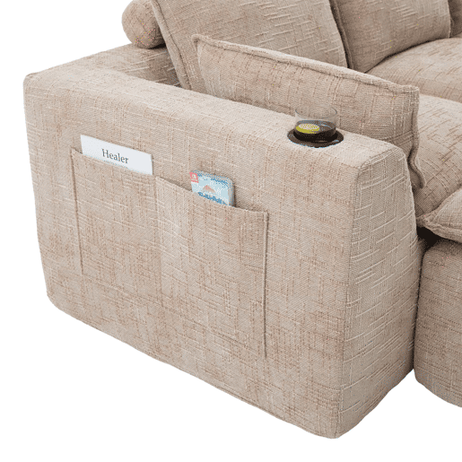Sofá modular de 3 lugares + apoio para os pés - almofadas, porta-copos, bolsos laterais, espuma e molas - cáqui
