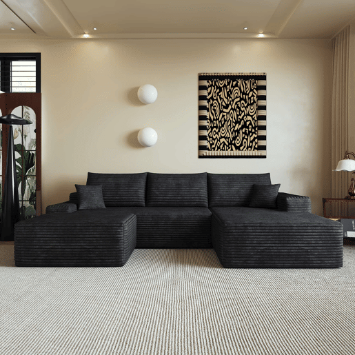 Sofá modular de canto de 270 cm - 3 lugares, chaise longue em L, assento profundo, sem montagem - Preto