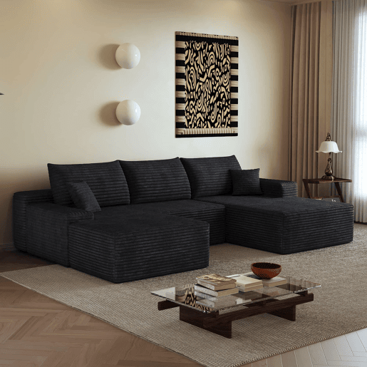 Sofá modular de canto de 270 cm - 3 lugares, chaise longue em L, assento profundo, sem montagem - Preto