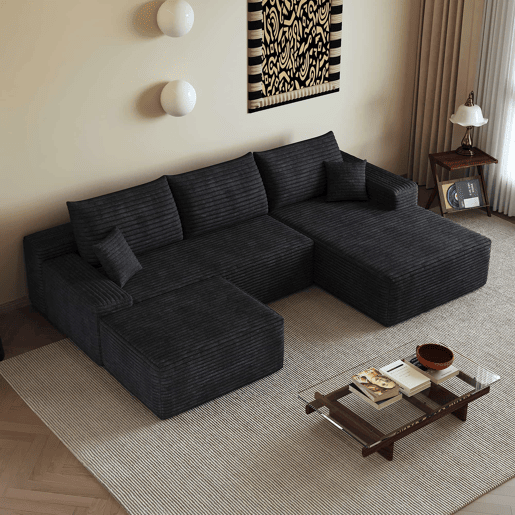 Sofá modular de canto de 270 cm - 3 lugares, chaise longue em L, assento profundo, sem montagem - Preto
