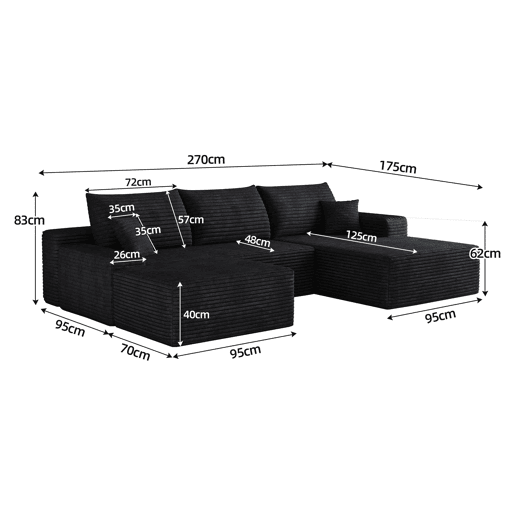 Sofá modular de canto de 270 cm - 3 lugares, chaise longue em L, assento profundo, sem montagem - Preto