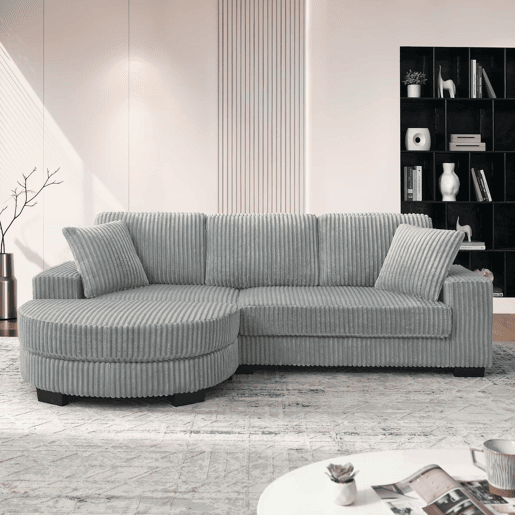 Sofá de canto em L 256,5 x 133,5 x 89 cm - sofá modular de 4 lugares com otomana oval, estofado em veludo clássico, inclui 2 almofadas, ideal para sala de estar, apartamento e escritório - Cinza Sofá de canto em L 256,5 x 133,5 x 89 cm - sofá modular de 4 lugares com otomana oval, estofado em veludo clássico, inclui 2 almofadas, ideal para sala de estar, apartamento e escritório - Cinza
