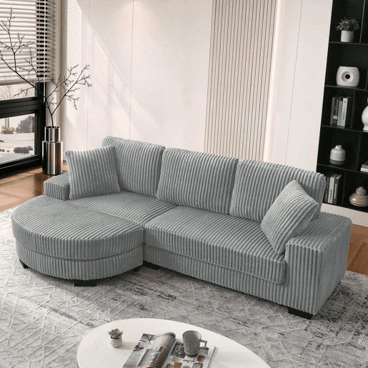 Sofá de canto em L 256,5 x 133,5 x 89 cm - sofá modular de 4 lugares com otomana oval, estofado em veludo clássico, inclui 2 almofadas, ideal para sala de estar, apartamento e escritório - Cinza Sofá de canto em L 256,5 x 133,5 x 89 cm - sofá modular de 4 lugares com otomana oval, estofado em veludo clássico, inclui 2 almofadas, ideal para sala de estar, apartamento e escritório - Cinza