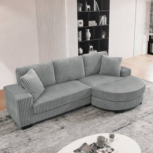 Sofá de canto em L 256,5 x 133,5 x 89 cm - sofá modular de 4 lugares com otomana oval, estofado em veludo clássico, inclui 2 almofadas, ideal para sala de estar, apartamento e escritório - Cinza Sofá de canto em L 256,5 x 133,5 x 89 cm - sofá modular de 4 lugares com otomana oval, estofado em veludo clássico, inclui 2 almofadas, ideal para sala de estar, apartamento e escritório - Cinza