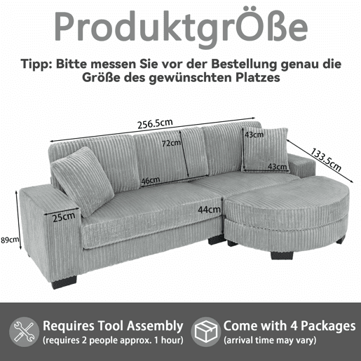 Sofá de canto em L 256,5 x 133,5 x 89 cm - sofá modular de 4 lugares com otomana oval, estofado em veludo clássico, inclui 2 almofadas, ideal para sala de estar, apartamento e escritório - Cinza Sofá de canto em L 256,5 x 133,5 x 89 cm - sofá modular de 4 lugares com otomana oval, estofado em veludo clássico, inclui 2 almofadas, ideal para sala de estar, apartamento e escritório - Cinza