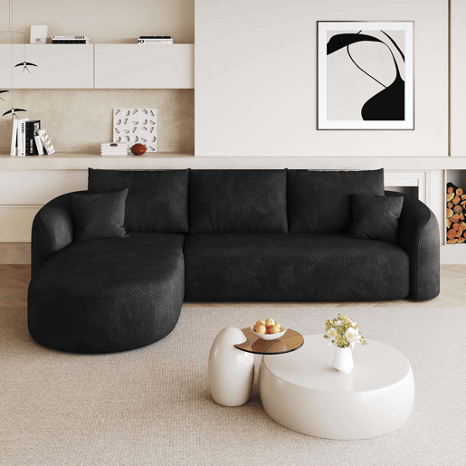 Sofá de canto modular de 266 cm - 3 lugares, espuma comprimida, sem montagem, design sem estrutura - Preto
