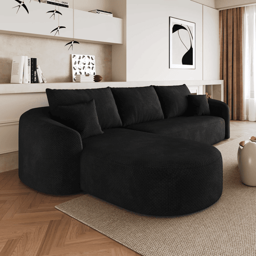 Sofá de canto modular de 266 cm - 3 lugares, espuma comprimida, sem montagem, design sem estrutura - Preto