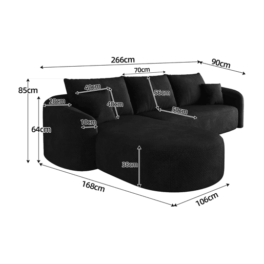 Sofá de canto modular de 266 cm - 3 lugares, espuma comprimida, sem montagem, design sem estrutura - Preto