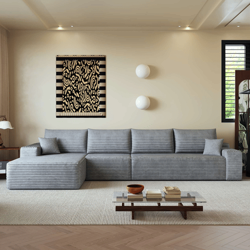 Sofá modular de canto de 340 cm - 4 lugares com chaise longue em L, assento profundo, sem montagem, sofá compacto moderno - Cinzento Sofá modular de canto de 340 cm - 4 lugares com chaise longue em L, assento profundo, sem montagem, sofá compacto moderno - Cinzento