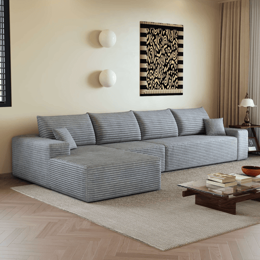 Sofá modular de canto de 340 cm - 4 lugares com chaise longue em L, assento profundo, sem montagem, sofá compacto moderno - Cinzento Sofá modular de canto de 340 cm - 4 lugares com chaise longue em L, assento profundo, sem montagem, sofá compacto moderno - Cinzento